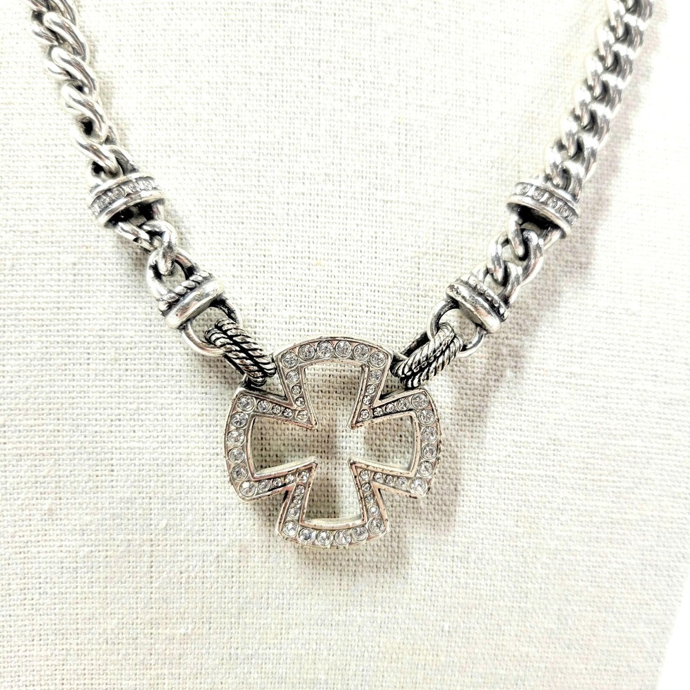 Brighton Chunky Silver Tone Maltese Cross Necklace‎ Reversible Rhinestone NWT